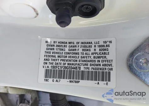 2016 Honda Civic Ex-T from USA, damaged, VIN 19XFC1F39GE044878